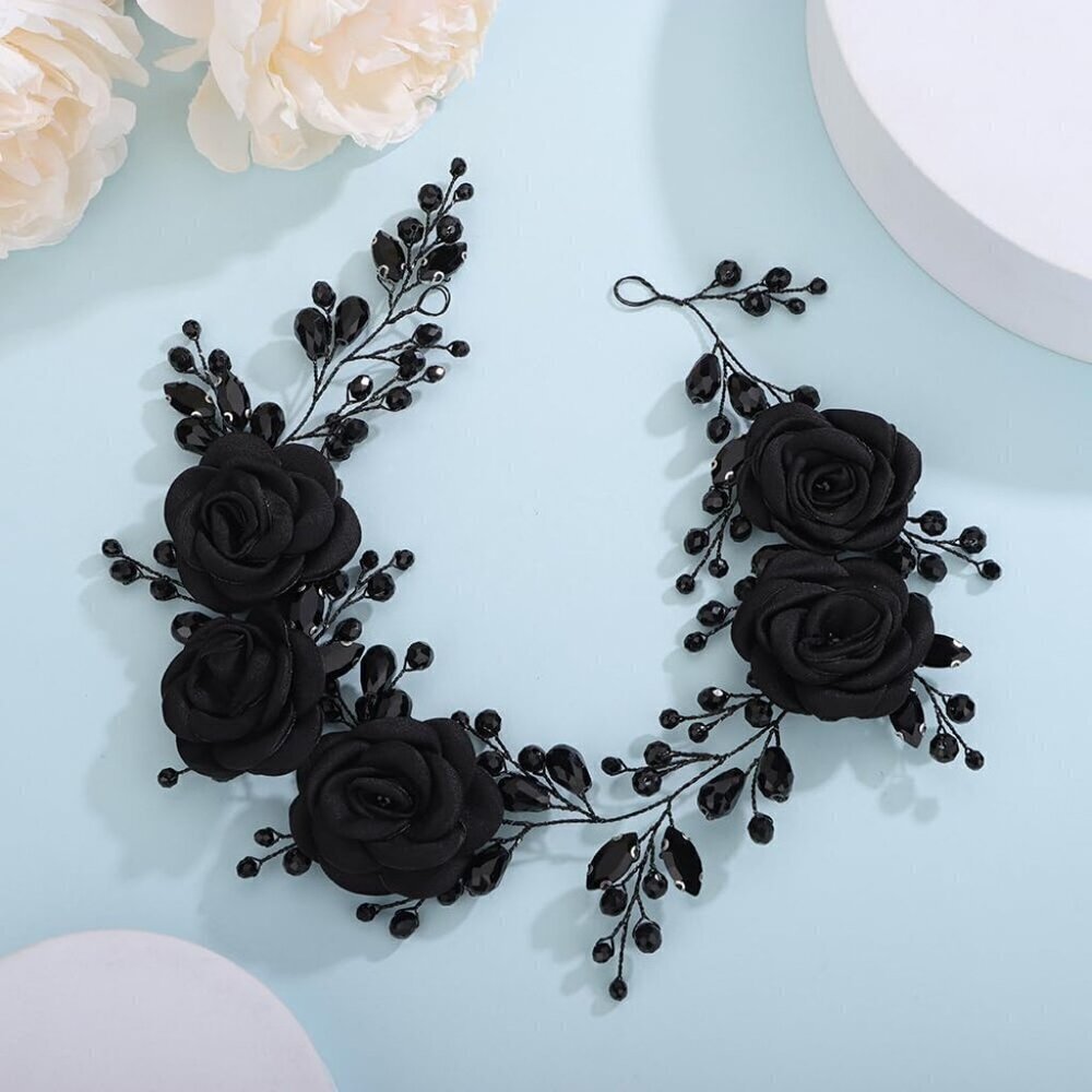 Flower Wedding Hair Vine Bridal Black Crystal Beads Headband Vinatge Headpieces